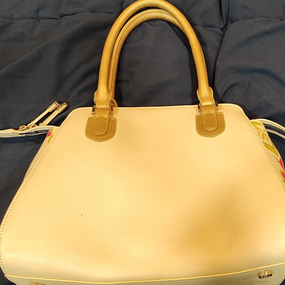 Spartina 449 Large Genuine Leather Tropical Ivory & Gold Shoulder Bag Handbag - Picture 6 of 14